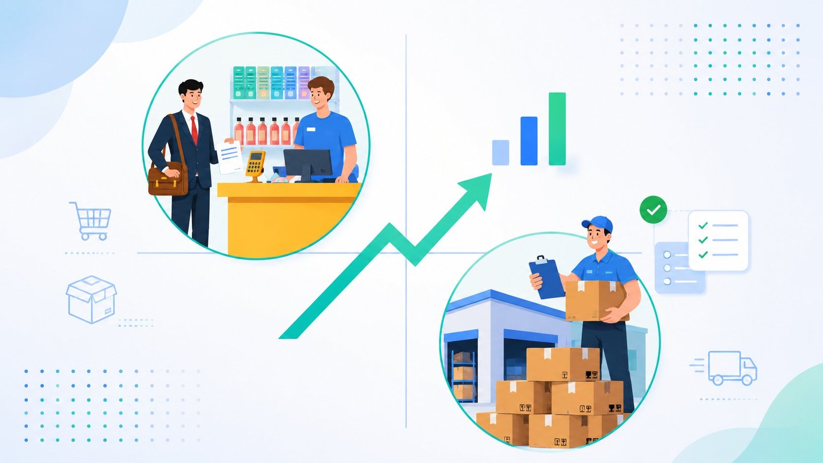 Order fulfilment rate — field rep at a retail counter and a delivery executive checking stock, with a rising sales chart