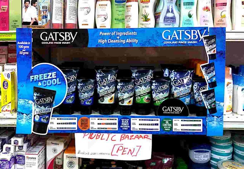 Artful product placement example — branded Gatsby face wash display on a retail shelf showcasing prominent SKU placement and visual merchandising