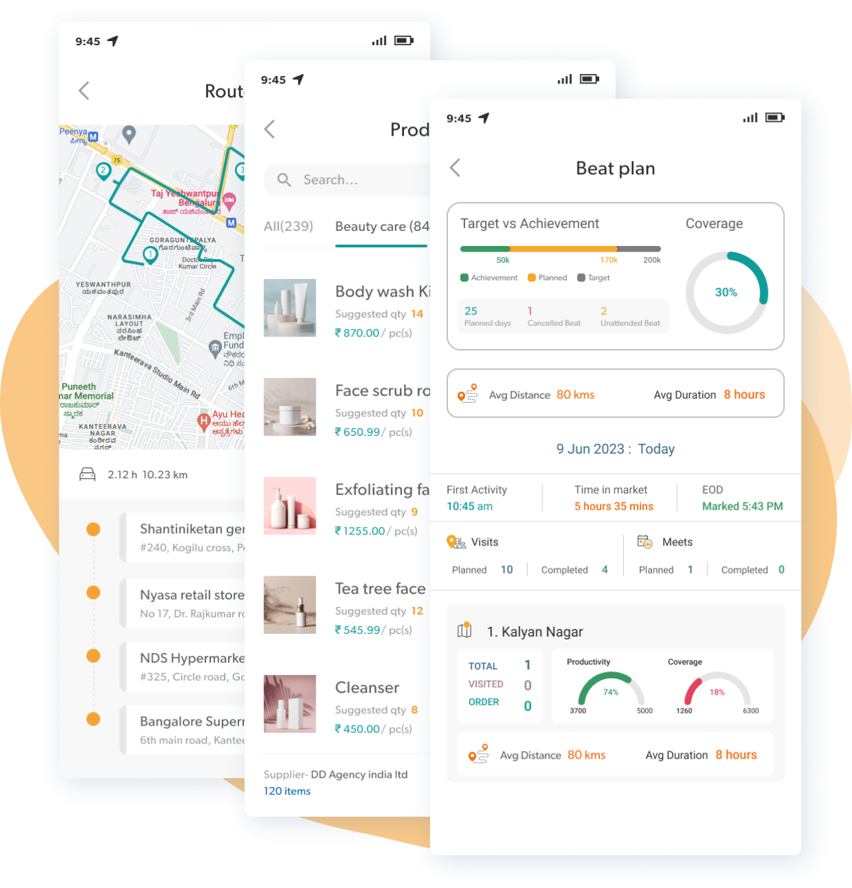 SalesDiary field app — route map, product catalogue and AI beat plan